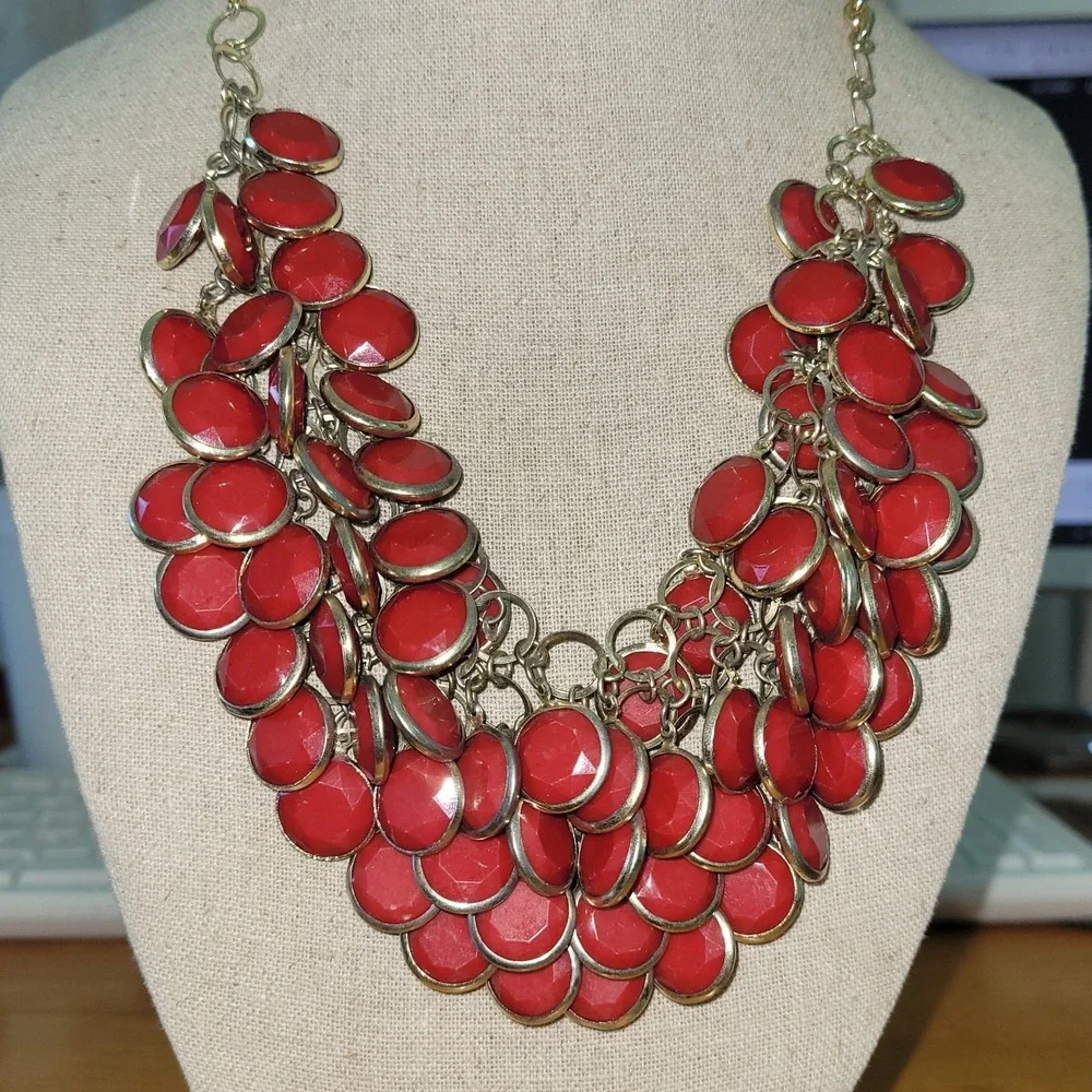 Chunky Faceted Bib Necklace Pair Black Red Cabochon Statement 20 Inch Lot Vtg